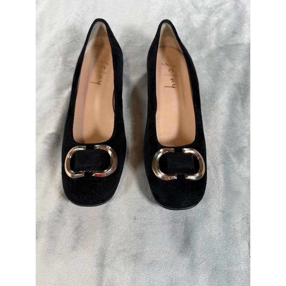 FS/ NY French Sole Black Suede Leather Pamela Flats Buckle Detail Round Toe 8.5